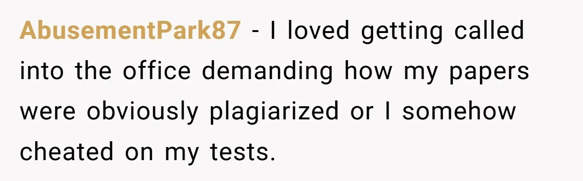 AbusementPark87 − I loved getting called into the office demanding how my papers were obviously plagiarized or I somehow cheated on my tests.