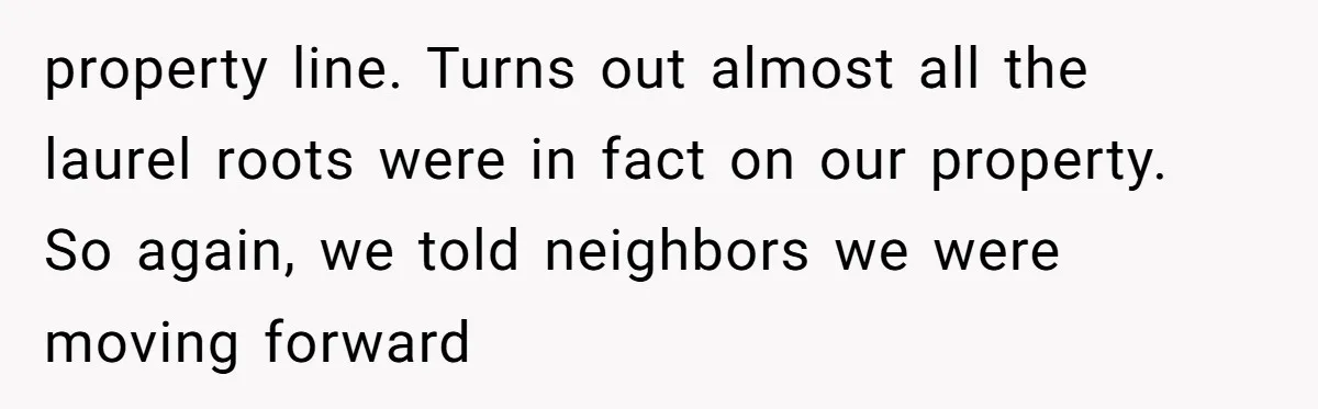 property line. Turns out almost all the laurel roots were in fact on our property. So again, we told neighbors we were moving forward