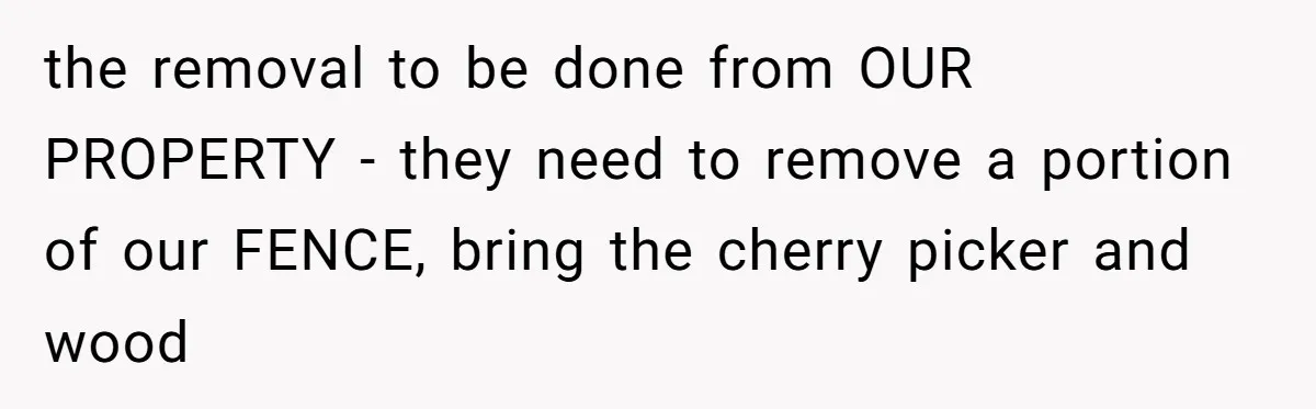 the removal to be done from OUR PROPERTY - they need to remove a portion of our FENCE, bring the cherry picker and wood