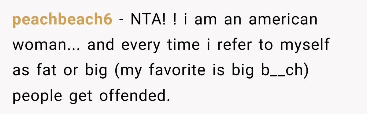 peachbeach6 − NTA! ! i am an american woman... and every time i refer to myself as fat or big (my favorite is big b__ch) people get offended.