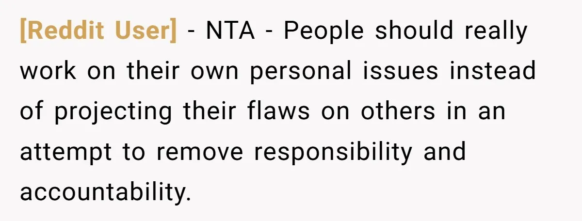 [Reddit User] − NTA - People should really work on their own personal issues instead of projecting their flaws on others in an attempt to remove responsibility and accountability.