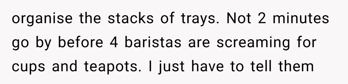 organise the stacks of trays. Not 2 minutes go by before 4 baristas are screaming for cups and teapots. I just have to tell them
