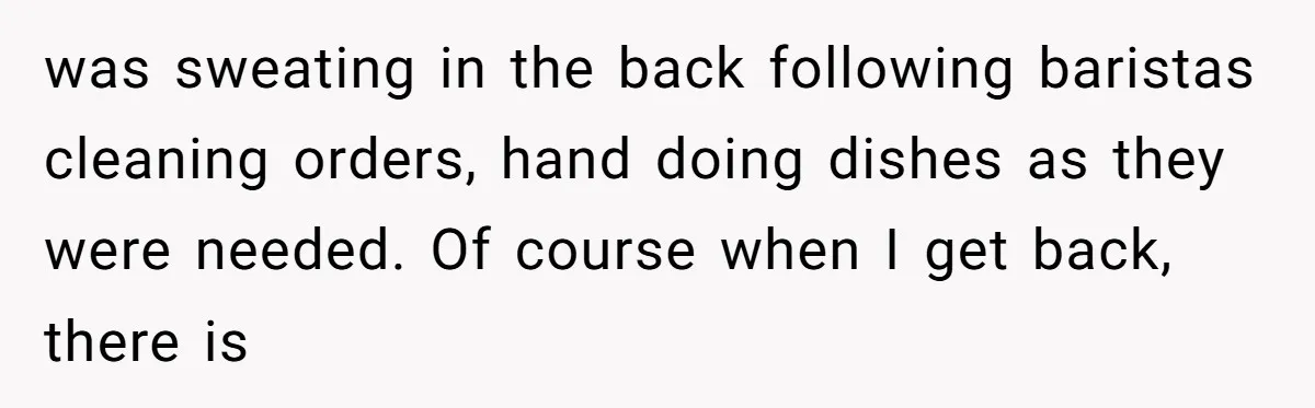 was sweating in the back following baristas cleaning orders, hand doing dishes as they were needed. Of course when I get back, there is