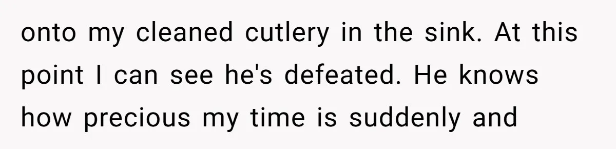 onto my cleaned cutlery in the sink. At this point I can see he's defeated. He knows how precious my time is suddenly and