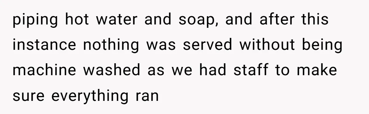 piping hot water and soap, and after this instance nothing was served without being machine washed as we had staff to make sure everything ran