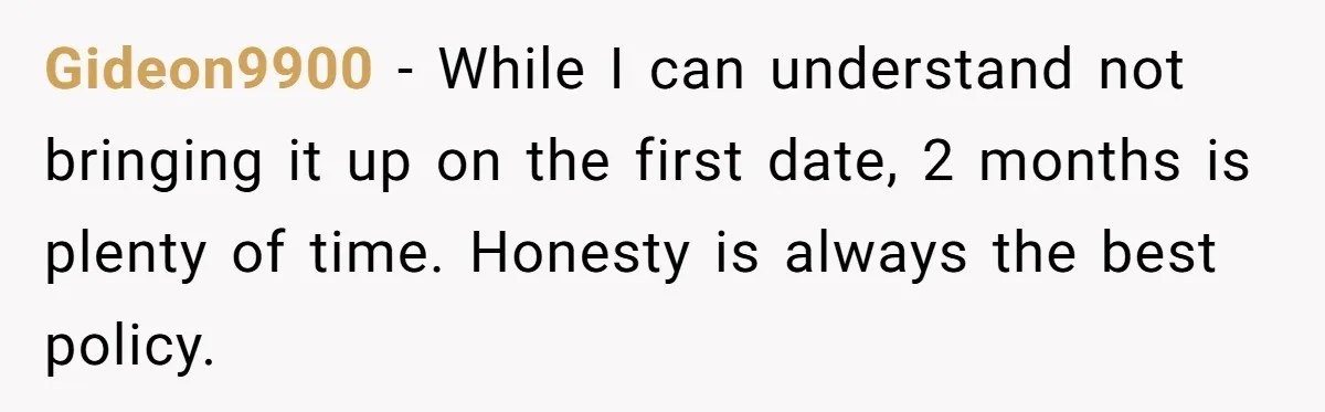 Gideon9900 − While I can understand not bringing it up on the first date, 2 months is plenty of time. Honesty is always the best policy.