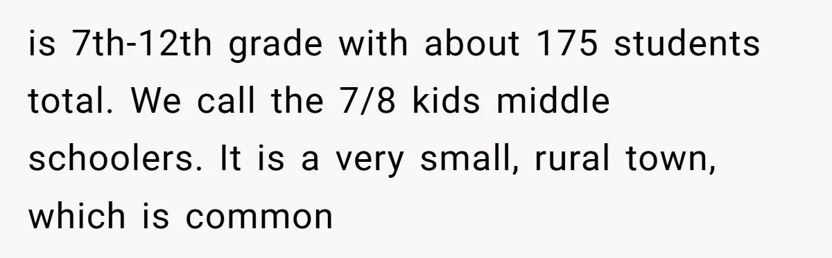 is 7th-12th grade with about 175 students total. We call the 7/8 kids middle schoolers. It is a very small, rural town, which is common