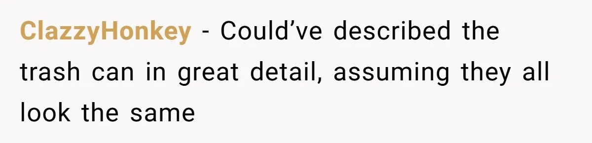 ClazzyHonkey − Could’ve described the trash can in great detail, assuming they all look the same