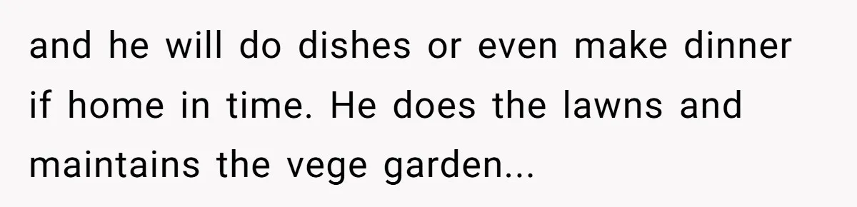 and he will do dishes or even make dinner if home in time. He does the lawns and maintains the vege garden...