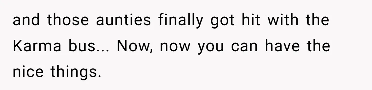 and those aunties finally got hit with the Karma bus... Now, now you can have the nice things.