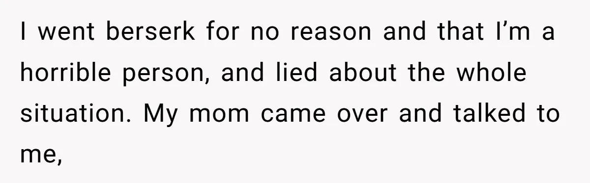 I went berserk for no reason and that I’m a horrible person, and lied about the whole situation. My mom came over and talked to me,