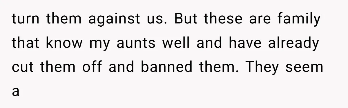 turn them against us. But these are family that know my aunts well and have already cut them off and banned them. They seem a