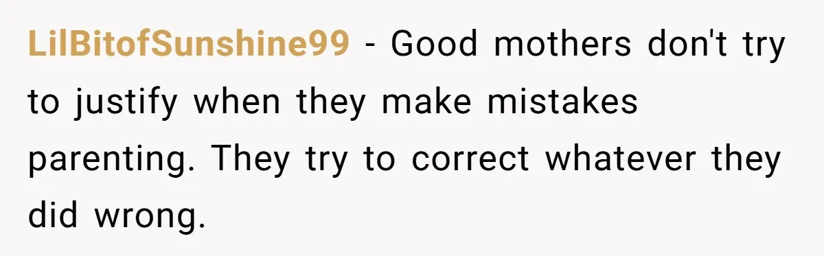 LilBitofSunshine99 − Good mothers don't try to justify when they make mistakes parenting. They try to correct whatever they did wrong.