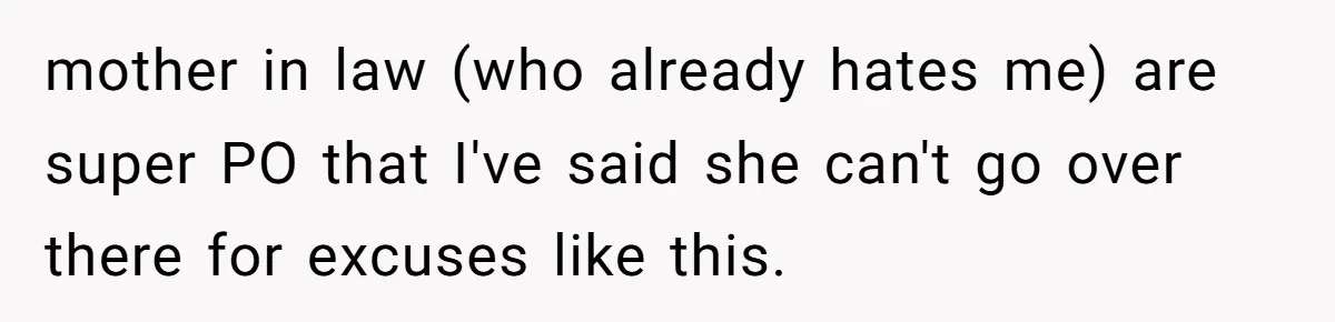 mother in law (who already hates me) are super PO that I've said she can't go over there for excuses like this.
