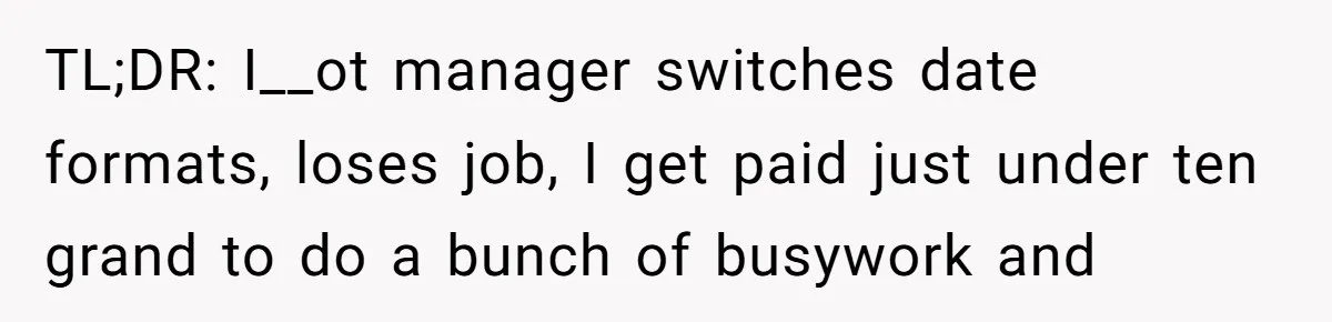 TL;DR: I__ot manager switches date formats, loses job, I get paid just under ten grand to do a bunch of busywork and