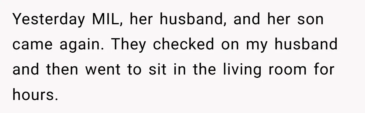Yesterday MIL, her husband, and her son came again. They checked on my husband and then went to sit in the living room for hours.