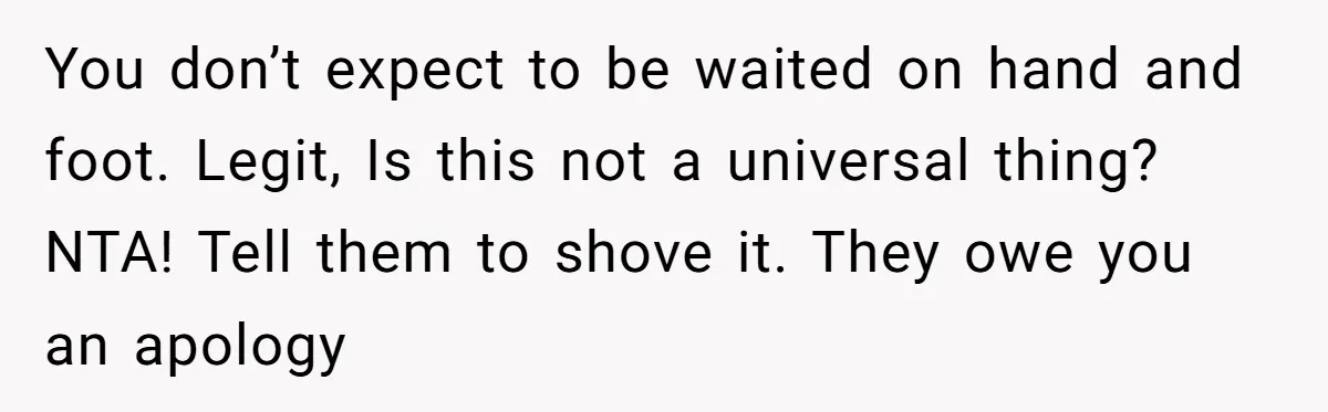You don’t expect to be waited on hand and foot. Legit, Is this not a universal thing? NTA! Tell them to shove it. They owe you an apology