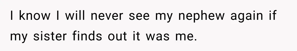 I know I will never see my nephew again if my sister finds out it was me.