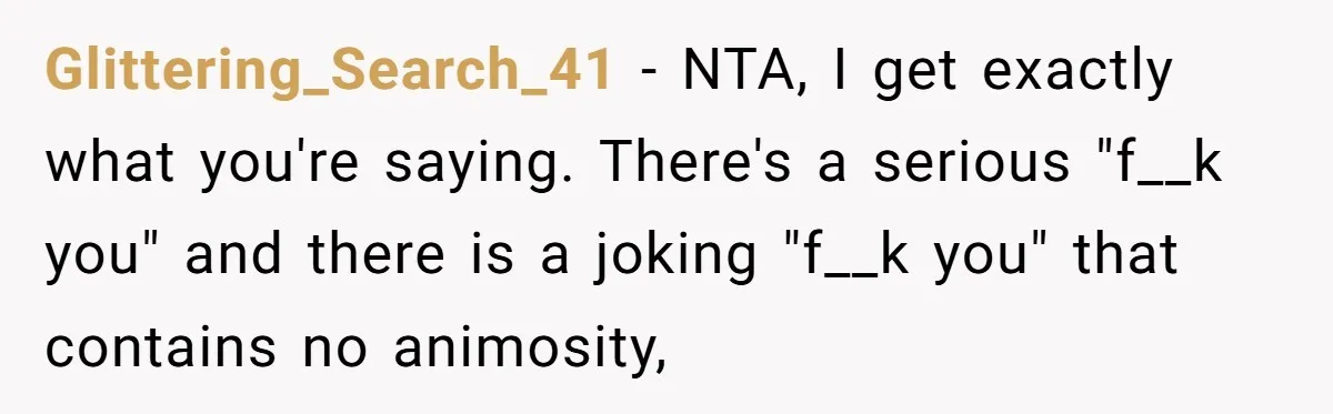Glittering_Search_41 − NTA, I get exactly what you're saying. There's a serious "f__k you" and there is a joking "f__k you" that contains no animosity,