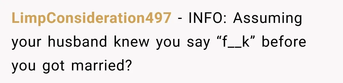 LimpConsideration497 − INFO: Assuming your husband knew you say “f__k” before you got married?
