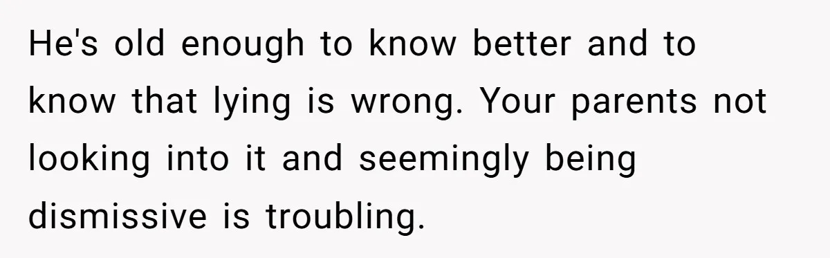 He's old enough to know better and to know that lying is wrong. Your parents not looking into it and seemingly being dismissive is troubling.