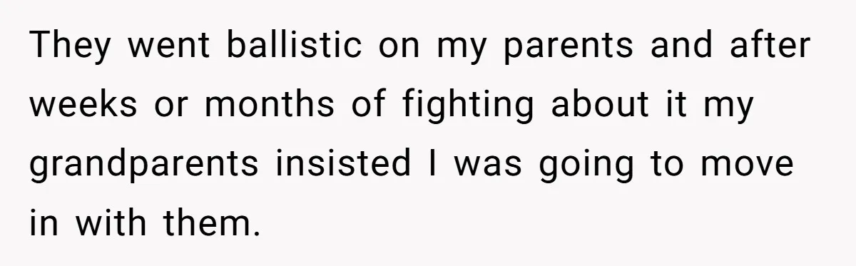 They went ballistic on my parents and after weeks or months of fighting about it my grandparents insisted I was going to move in with them.