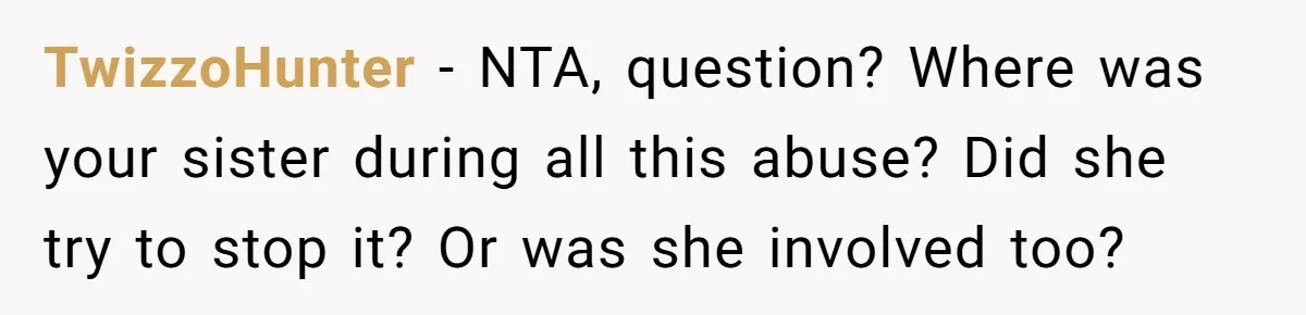 TwizzoHunter − NTA, question? Where was your sister during all this abuse? Did she try to stop it? Or was she involved too?