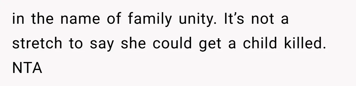 SIL Interviews Birth Mother And Expects A Tragic Adoption Story, Got Brutal Honesty Instead in the name of family unity. It’s not a stretch to say she could get a child killed. NTA