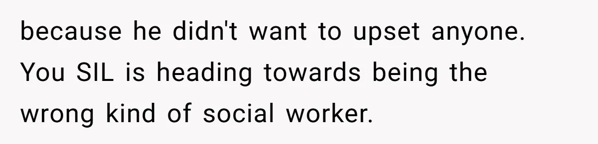 SIL Interviews Birth Mother And Expects A Tragic Adoption Story, Got Brutal Honesty Instead because he didn't want to upset anyone. You SIL is heading towards being the wrong kind of social worker.