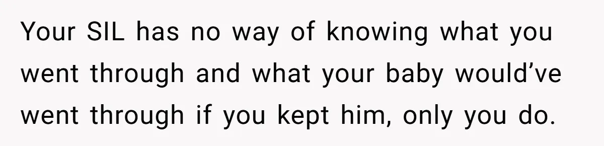 SIL Interviews Birth Mother And Expects A Tragic Adoption Story, Got Brutal Honesty Instead Your SIL has no way of knowing what you went through and what your baby would’ve went through if you kept him, only you do.