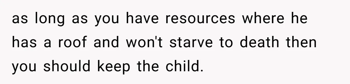 SIL Interviews Birth Mother And Expects A Tragic Adoption Story, Got Brutal Honesty Instead as long as you have resources where he has a roof and won't starve to death then you should keep the child.