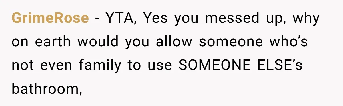 GrimeRose − YTA, Yes you messed up, why on earth would you allow someone who’s not even family to use SOMEONE ELSE’s bathroom,