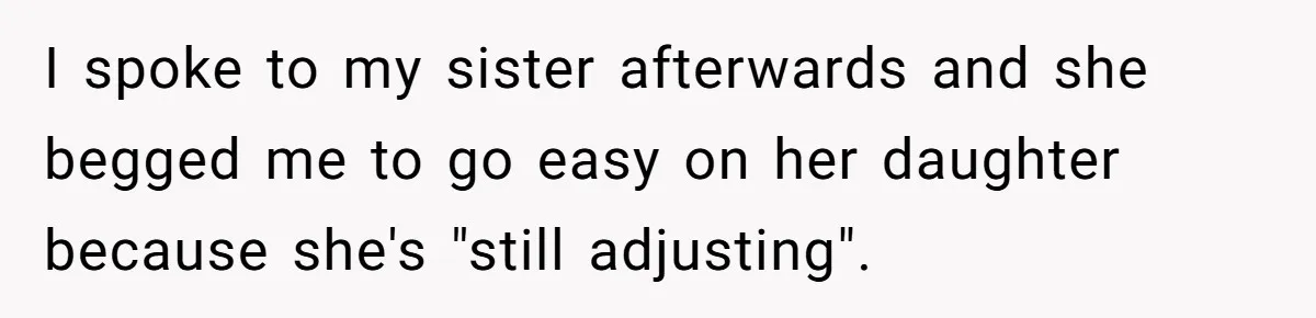I spoke to my sister afterwards and she begged me to go easy on her daughter because she's "still adjusting".