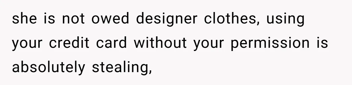 she is not owed designer clothes, using your credit card without your permission is absolutely stealing,