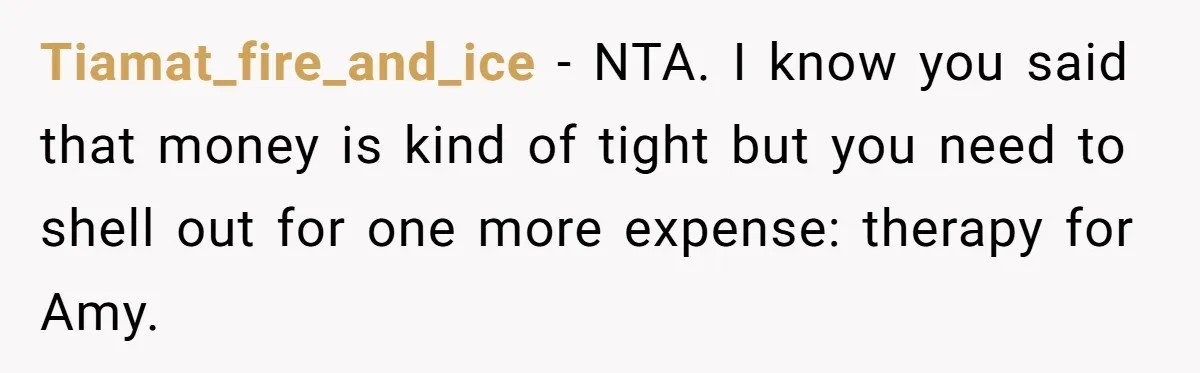Tiamat_fire_and_ice − NTA. I know you said that money is kind of tight but you need to shell out for one more expense: therapy for Amy.