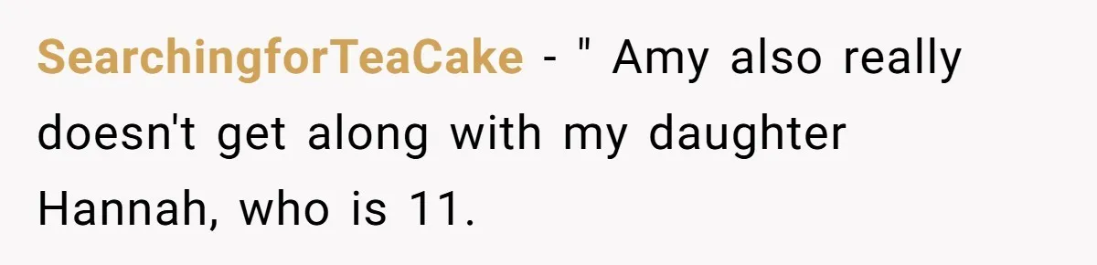 SearchingforTeaCake − " Amy also really doesn't get along with my daughter Hannah, who is 11.