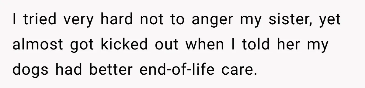 I tried very hard not to anger my sister, yet almost got kicked out when I told her my dogs had better end-of-life care.
