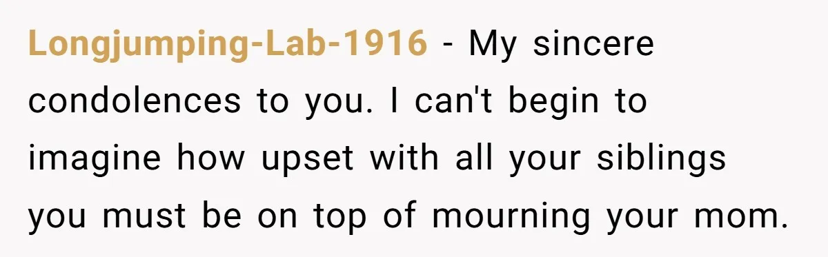 Longjumping-Lab-1916 − My sincere condolences to you. I can't begin to imagine how upset with all your siblings you must be on top of mourning your mom.