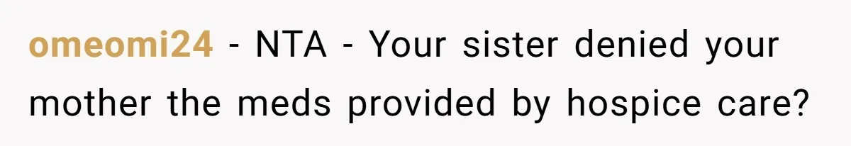 omeomi24 − NTA - Your sister denied your mother the meds provided by hospice care?