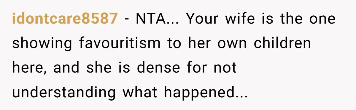 idontcare8587 − NTA... Your wife is the one showing favouritism to her own children here, and she is dense for not understanding what happened...