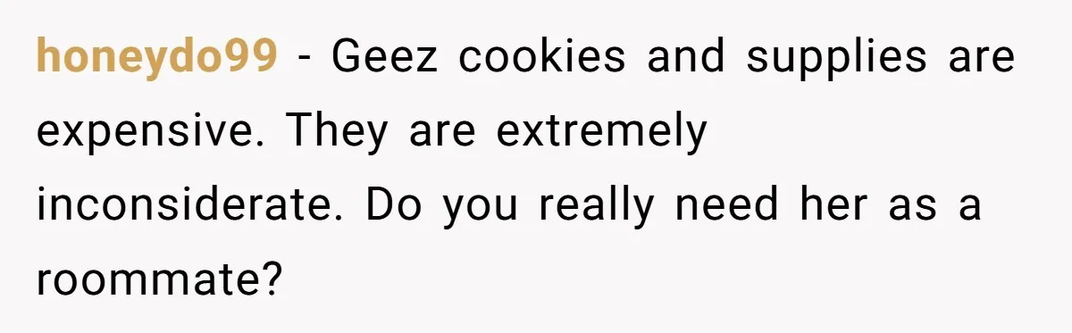 honeydo99 − Geez cookies and supplies are expensive. They are extremely inconsiderate. Do you really need her as a roommate?