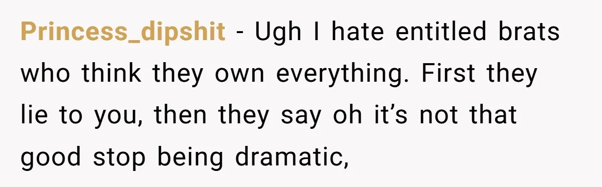 Princess_dipshit − Ugh I hate entitled brats who think they own everything. First they lie to you, then they say oh it’s not that good stop being dramatic,