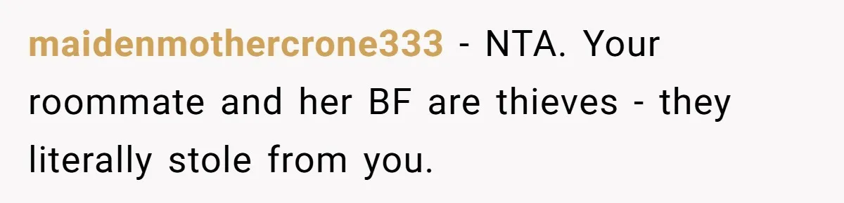 maidenmothercrone333 − NTA. Your roommate and her BF are thieves - they literally stole from you.