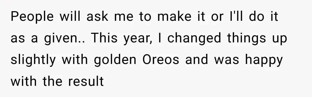 People will ask me to make it or I'll do it as a given.. This year, I changed things up slightly with golden Oreos and was happy with the result