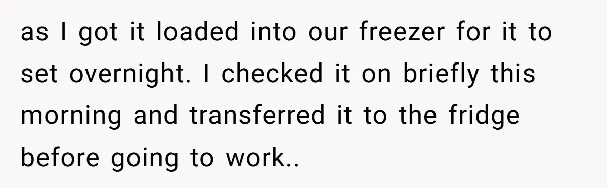 as I got it loaded into our freezer for it to set overnight. I checked it on briefly this morning and transferred it to the fridge before going to work..
