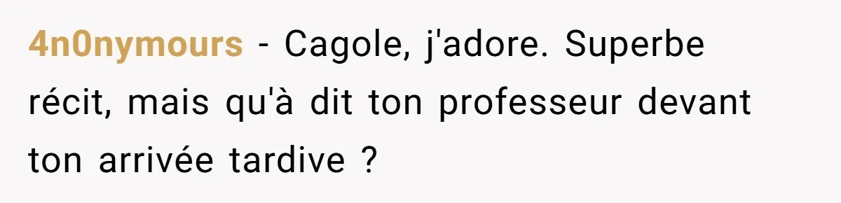 4n0nymours − Cagole, j'adore. Superbe récit, mais qu'à dit ton professeur devant ton arrivée tardive ?
