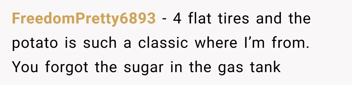 FreedomPretty6893 − 4 flat tires and the potato is such a classic where I’m from. You forgot the sugar in the gas tank