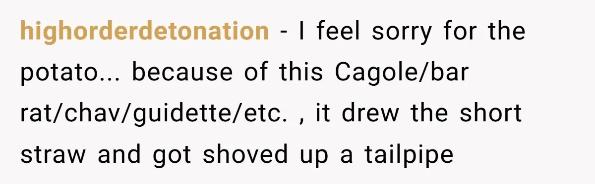 highorderdetonation − I feel sorry for the potato... because of this Cagole/bar rat/chav/guidette/etc. , it drew the short straw and got shoved up a tailpipe