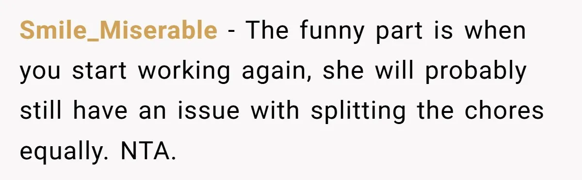 Stay-At-Home Dad Keeps Old Chore Chart, Wife Says Working Full Time Changes Everything Smile_Miserable − The funny part is when you start working again, she will probably still have an issue with splitting the chores equally. NTA.
