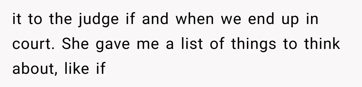 it to the judge if and when we end up in court. She gave me a list of things to think about, like if
